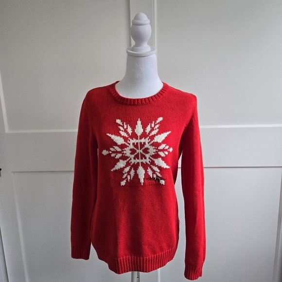 Tommy Hilfiger Womens Medium Red Cotton Snowflake Winter Sweater - Picture 1 of 10
